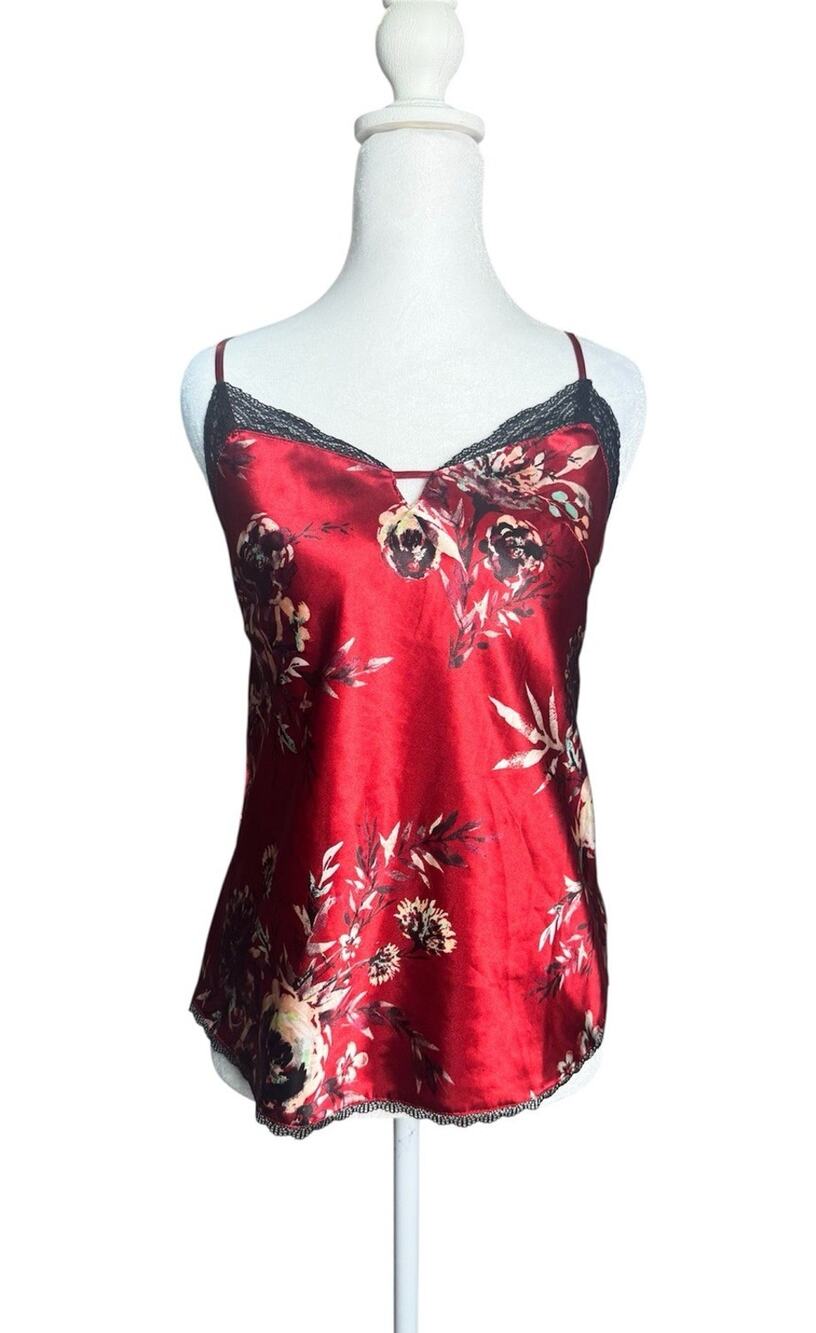 Red Satin Womens Floral Lace Trim Cami Top Strappy Back Romantic Date Night XS
